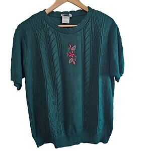 Vintage Floral Sweater Women Lg Green Paisley Knit Twee Preppy Cottage Neutral